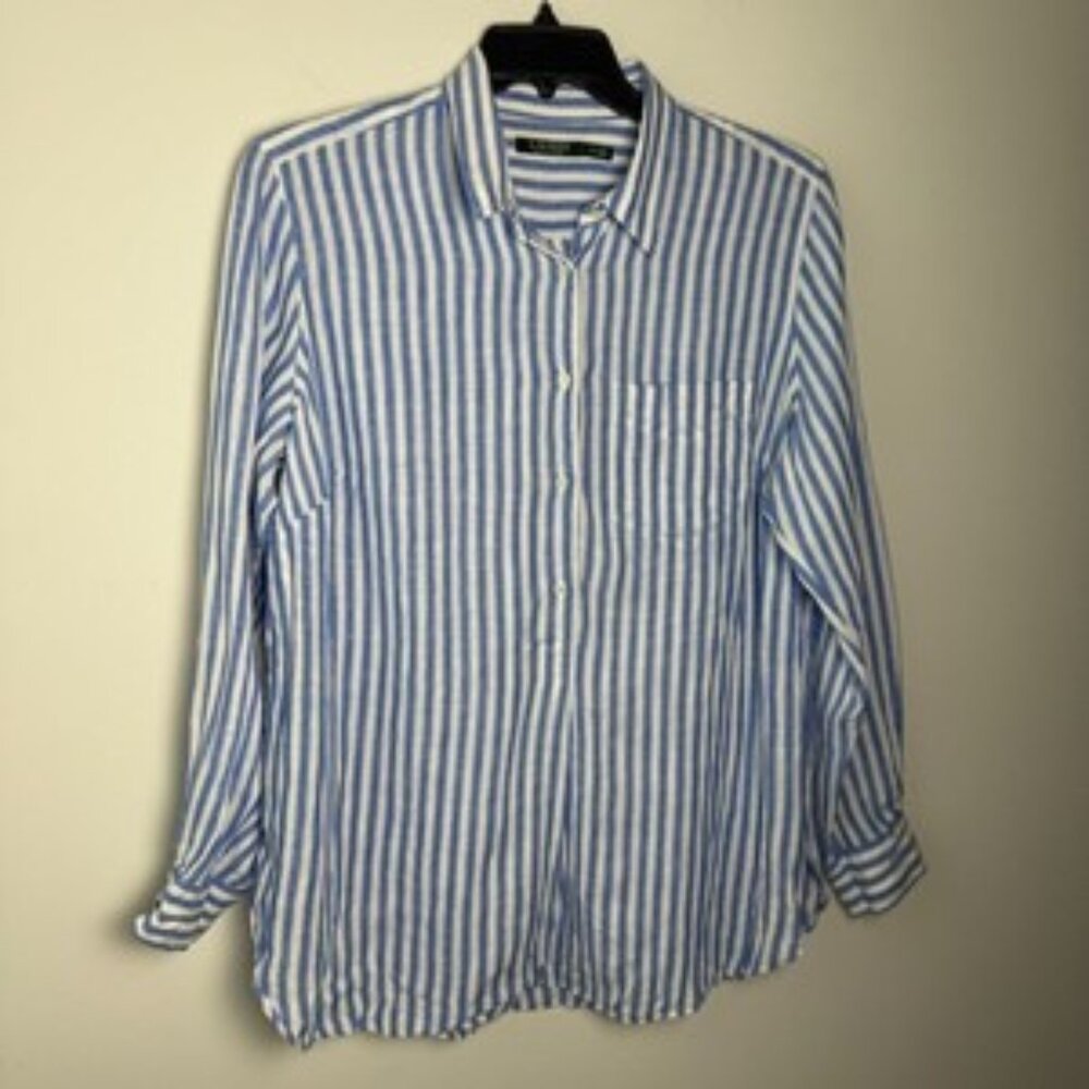 Lauren Ralph Lauren 100% Linen Blue & White Striped Tunic Pullover Top Size 1X